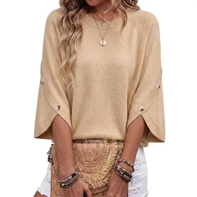 Dokotoo Womens Three Quarter Length Sleeve Casual Oversized Trendy Sweaters Crewneck Sweater Knit Tops Button Sleeve Knit Pullover