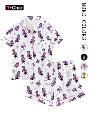 Halloween Coraline Retro Cute Lapel Short Sleeve Pajama Set, All Seasons Nightwear Loungewear Set, Comfortable Pajamas Sleepwear for Home and Outdoors, Perfect Gift for Sleepwear Lovers