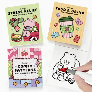 Coco Wyo Mini Coloring Book Set of 3 (3 x 3.5 in) – Stress Relief, Food & Drink, and Comfy Patterns - Relaxing Cozy Coloring, Travel-Friendly, Office Art Supplies, Mini Gifts