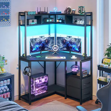 【Corner desk】Raybee 35.4\"W x 63\"H Sturdy Home-office Desk with Hutch & LED Lights, Triangle Corner Desk & Computer Desk with 2 Drawers for Storage & Shelves & Hook, Study Desk for Bedroom, Small Space gaming desk,perfect for tiny room space, Easy Assemble
