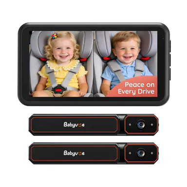 Babyvue Dual-Camera Wireless - BV6PRO Car Baby Monitor, 5.2 Inches, 1080P HD Split-Screen, Fast Setup Easy Install, Auto IR Night Vision, Batteries Cells, Rear-View Video Surveillance for Newborns Gift