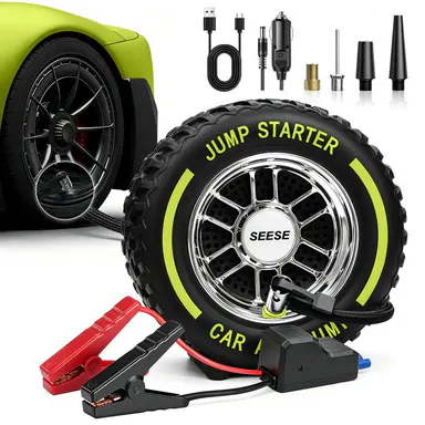 SEESE Electric Portable Tire Inflator, 6000mAh, 150 PSI Inflator with LED light, DC12V Jump Starter - Ideal for Rapid Inflation of Motorcycles/Bicycle/Balls, Road Trips, Emergencies and Daily Use