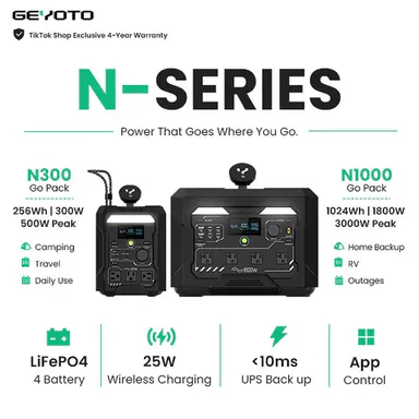 【GEYOTO N Series Portable Power Station】N300 Go Pack & N1000 Storm Ready | LiFePO4 Battery | 300W–1800W Pure Sine Wave Output | 25W Qi2.2 Wireless Charging | <10ms UPS | Smart App Control | Fast Recharge for Camping, RV, Home Backup & Emergency Power