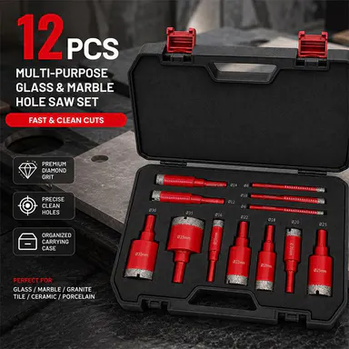 12-piece multifunctional glass and marble hole drill bit set, wet/dry diamond hole saw, stone enlargement drill bits, sharp cutting, wear-resistant and durable drill bit set, 6 mm–35 mm drill bits