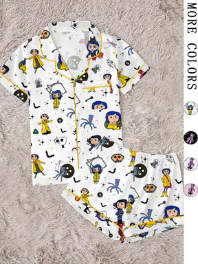 Women's Fantasy Adventure Cartoon Girl Print Pajama Set, Short Sleeve Open Front Two‑Piece Sleepwear, Loungewear, Gothic Style, Cozy Pjs
