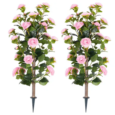 DLD 36\" Artificial Camellia Tree with Ground Spike, 2Pack PINK Faux Camellia Flower UV Resistant Floral Blooming Bush for Indoor Outdoor Wedding Front Door Porch Garden Backyard Garden Artificial plant