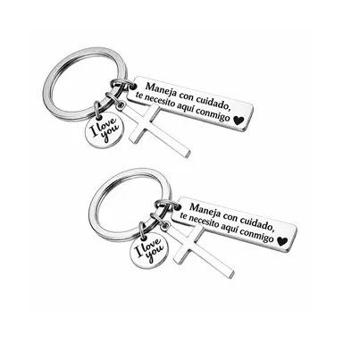 Maneja Con Cuidado Te Necesito Aquí Conmigo Keychain with Cross & \"I Love You\" Charm, Spanish Drive Safe Stainless Steel Keyring, Romantic Religious Gift for Him/Her Adjustable Heart Rate Couples Bracelet Set Rotating Retractable Reading Badge Holder