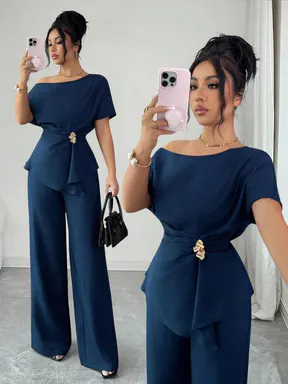Women's 2-Piece Set, Elegant Urban Chic Aesthetic Fashion, Asymmetrical Shoulder Metal Buckle Waist Wide Leg Pants, Spring & Fall Business