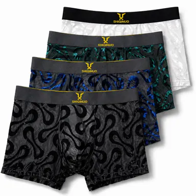 SHIQINUO 4-Pack Men's Breathable Mesh Boxer Briefs, Soft Stretch Jacquard Trunks with 3D Contour Pouch, Wide Waistband, Stay-Put Leg Openings, Menswear, Stretchy, 3D Pouch, Regenerated Fiber, Fabric, Contoured Pouch