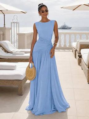 CurvySweet Juliette Women's Chic Sleeveless A-Type Maxi Dress - Backless Ruched Mesh Gown with Tummy Control Tie, Baby Blue Formal Wedding Guest Dress, Formal Dresses