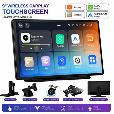 2027 Upgraded 9-Inch Wireless CarPlay|Portable touchscreen supporting GPS, rearview camera, and iPhone/Android Auto (MirrorLink) | Requires 5V/3A power input (includes 5V/3A adapter for 12V-24V vehicles) |Check USB output specifications before purchasing