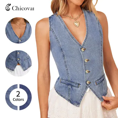 ChicovarFashion Women's Fitted Stretchy Denim Vest - V-Neck, Sleeveless, Button Front, Slim Fit Crop Waistcoat - Vintage Boho Western Women's Clothing for Summer Concerts, Women's Clothes