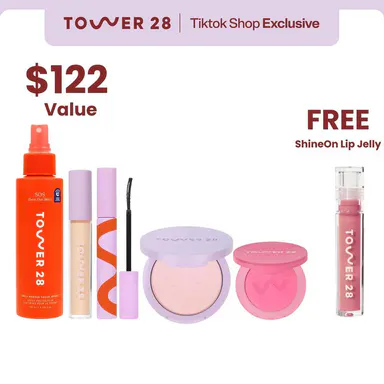 Tower 28 Full Routine Set: SOS Spray, Concealer, Setting Powder, Blush, Mascara & FREE Lip Jelly