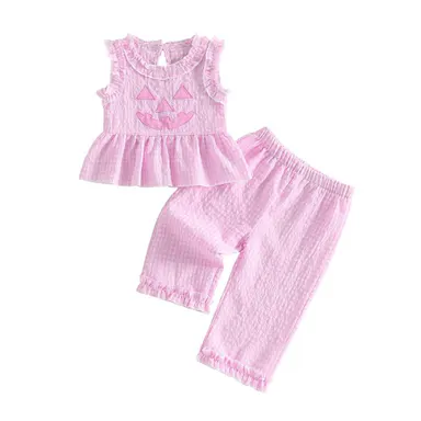 Toddler Baby Little Girl Halloween Outfits Sleeveless Pumpkin Face Embroidery Tops + Pants Set Clothes 6M-4T