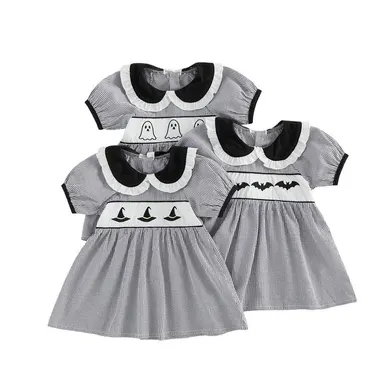 Toddler Baby Little Girls Halloween Dress Doll Collar Ghost/Witch Hat/Bat Print Short Sleeve Striped Dress 6M-5T, Costume, Baby Clothing