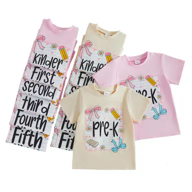 Toddler Baby Little Girl Back to School T Shirts Short Sleeve Grade Print Casual Summer Tops 4-11 Years