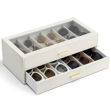VLANDO 12-Grid Sunglasses Organizer Case, 12-Slot Eyeglass Storage Box with Clear Lid and 2 Drawers, PU Leather Glasses Holder for Women and Men, bedroom  organizer summerwins,dorm essentials,home decor,dorm room inspo,college dorm essentials,dorm haul