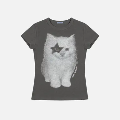 Aelfric Eden Cat Airbrush Baby Tee Slim Cropped Fit Cat Airbrush Print with Star Eye Soft Cotton Fabric Y2K Cute Streetwear Women Top
