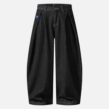 Aelfric Eden Pinstripe Baggy Barrel Jeans High Waist Balloon Barrel Silhouette Pinstripe Denim Fabric Pleated Waist Detail Heavyweight Denim Retro Streetwear Unisex Bottoms