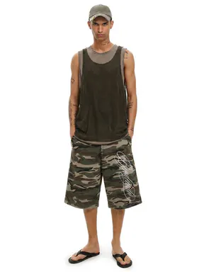 FDR Unisex Embroidered Camo Print Baggy Jorts, Vintage 3/4 Length Wide Leg Shorts, Low Waist Handwritten Graphic, Relaxed Loose Fit Streetwear Bottom for Everyday Wear, Travel and Skate Style