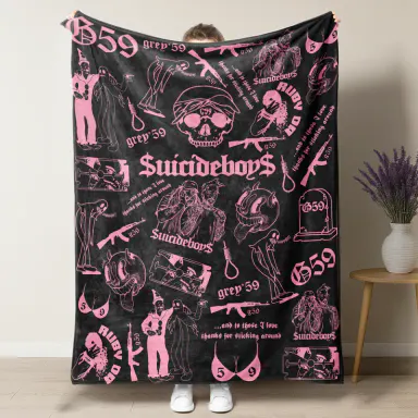 Retro Punk Full Wrap Print Blanket, Premium Soft Fleece Pink Black Horror Skull & Clown Art Blanket Versatile For Sofa Nap Camping And Fan Collectible Present