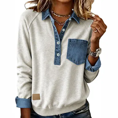 Asvivid Women Denim Collar Patchwork Sweatshirt Half Button Casual Pullover Top with Chest Pocket Long Sleeve Loose Clothes for Back To School Fashion Fall Pick Daily Wear Sweatshirts Tops Womenswear #sohochic