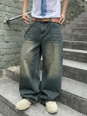 Men's Vintage Washed Loose Fit Wide Leg Jeans, Long Y2K Street Style Denim Jeans, Perfect Gift for Boyfriend & Husband
