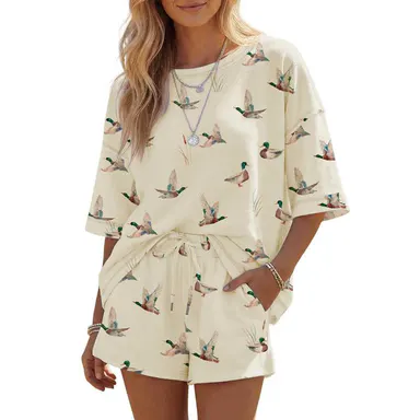 Women's Short Set, Oversized Mallard Duck Print 2-Piece Breathable Casual Lounge Outfit with Adjustable Drawstring, Beach, Casual Wear, Shirt