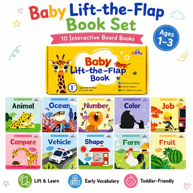 Diobee Peek & Learn Lift-the-Flap Board Book Set - 10 Interactive Topic Pages Books for 1+ Unisex Toddlers, Compact Travel-ready Set for Parents, Bright Illustrations Pullout Surprises, Fine Motor Skills, First Words Animals Colors Numbers, Baby Gift