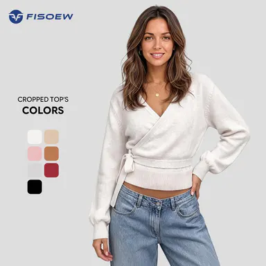 Fisoew Womens V Neck Wrap Cardigan Sweaters Casual Tie Belted Long Lantern Sleeve Slim Fit Knit Crop Pullover Tops SohoChic