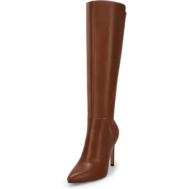Coutgo Women's Knee-High Heels, Sexy Pointed Toe Stiletto Faux Leather Dress Boots with Secure Zip Closure, Breathable Lightweight Minimalist Footwear Fashion, Plain Synthetic Rubber Mid-Calf Casual All-Season Shoes, Stilettos