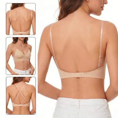 LUCKMEEY Deep V Low Back Backless Bra for A/B/C Cup - Seamless Invisible Bra, Lightly Lined Demi Multiway Bra with Convertible Halter Straps, Wireless Everyday Wear for Backless Dresses & Special Occasions