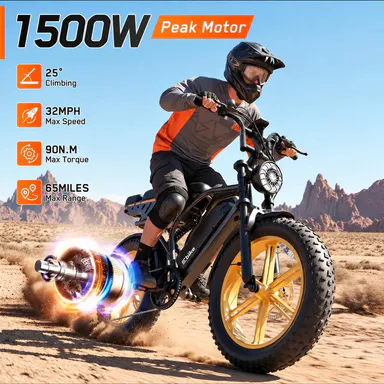 R9 Adult Commuting Ebike - 1500W/750W Motor Power, 20\"x4.0 Fat Tires, 7-Speed, LCD Display, Front Suspension, Iron Frame, 48V Dual Batteries, 7.5-Hour Charge, Up to 120 mi Range, for Parks Cycling