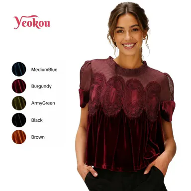 Yeokou Women's Velvet Blouse with Lace Detail, Short Sleeve Ruffle Crewneck Top, Vintage Elegant Casual Shirt,sohochic