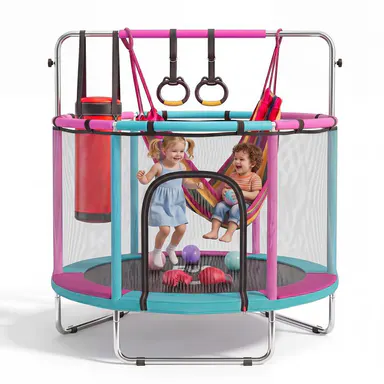 FUNSEEK 55\" Kids Trampoline with Enclosure, Indoor & Outdoor Toddler Trampoline with Basketball Hoop, Adjustable Gymnastics Bar & Toys, Easy Assembly, Active Play for Boys & Girls, 132 LBS Capacity