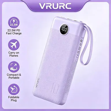 VRURC 10000mAh Portable Charger Power Bank with 4 Built-in Cables, LED Display, Lavender Accessory for iPhone, Samsung – Everyday Carry, Multiple Device Charging Essential, Accessories, Battery Power Bank, Rechargeable Tech