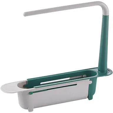 Retractable Thickened PP Sink Organizer, Adjustable Telescopic Kitchen Storage Caddy with Cloth Hanging Rod, Hollow Drainage Side Boards for Cleaning Supplies