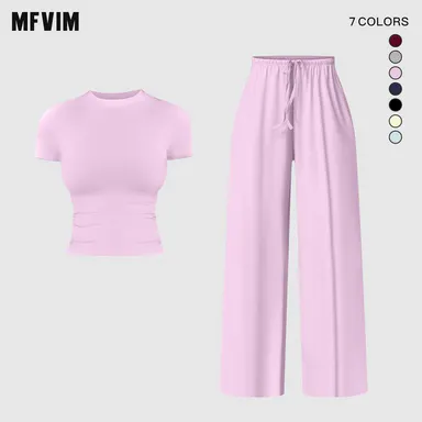MFVIM Women’s New Slim-Fit Short-Sleeve Sports Set – Drawstring Elastic Waist, Drapey Wide-Leg Pants, Skin-Friendly and Breathable Casual Two-Piece Set,travel essentials,camping essentials,back to school,back to school haul