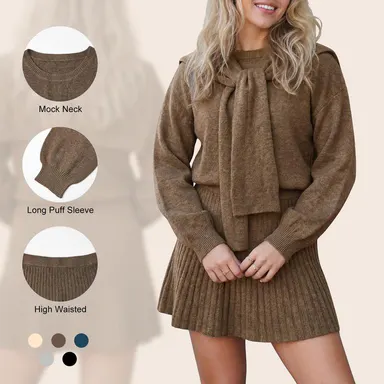 Imily Bela Cozy Knit Tie-Neck Sweater & Skirt Set - Women's Ribbed Three-Piece Outfit