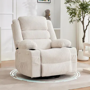 【GAOMON】Minimalist Oversized Rocking Recliner Comfy Accent Chair - 360-Degree Swivel Linens Fabric Wide Seat with Deep Seat, Breathable Material, Cup Holder, Side Pocket for Living Room, Nursery (Neutral Aesthetic Luxury Floor Chair Living Room Furniture)