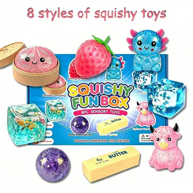 8-Piece Malt Sugar Squishies Stress Relief Fidget Toys - Slow-Return Sensory Toys, Relaxing Unique Stress Ball Party Gifts, Sensory Room Supplies, 8 Different Styles, Relaxing Gifts, Unique Gifts