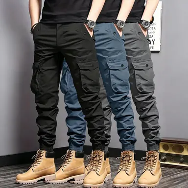 Men's 3-Pack Multi-Color Cargo Joggers - Multi-Pocket Tactical Long Pants, Male Clothing, All Purpose Pants, Casual Comfy Trouser