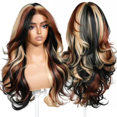BrownBomb Calico Feather Synthetic 13*6 HD Lace Body Wave Wig - 26 Inch, Airy Glueless, Pre-Cut Lace, Pre-Plucked, Face-Framing Curly Bangs, Perfect Free Part, Heat-Resistant Fiber, Realistic for Daily Wear, Parties, Summer Events, Glueless Lace Wigs