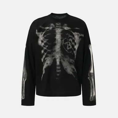 inflation Men's Oversized Alternative Style Waffle Knit Thermal Long Sleeve Knitwear Shirt - 65% Cotton 35% Polyester, Skeleton Ribcage X-Ray Print, Casual Streetwear Tops, Waffle Knit Texture, XL (Pairs with Jeans), Round Neck