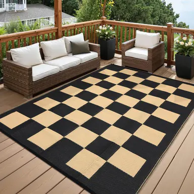 GARVEE 9x12 Outdoor Waterproof Foldable Reversible Plastic Straw Rug, Lightweight Portable Checkered Carpet for Camping, Picnic, Porch, Balcony, Deck, Beach in Black & Brown