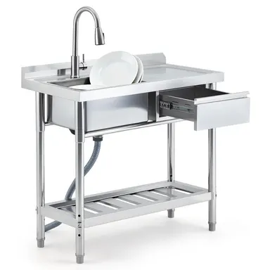 Garvee Commercial Stainless Steel Kitchen Sink with Single 99 cm Bowl, Preparation Countertop, Removable Faucet, Workbench, and Storage Drawer
