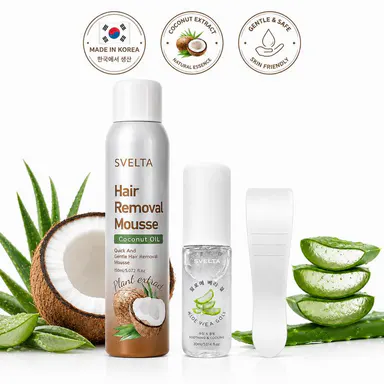 SVELTA Korean Bikini Hair Removal Cream Mousse, Fast-Acting Depilatory Foam for Sensitive Skin with Coconut Oil, Aloe Vera Gel & Scraper, Gentle K-Beauty Body Hair Remover for Women & Men, Legs, Arms & Underarms