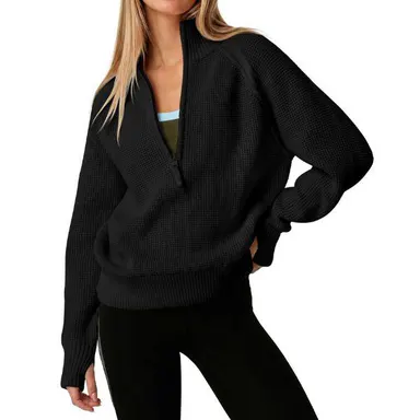 Fisoew Womens Quarter Zip Pullover Sweaters Waffle Knit Long Sleeve Tops | Thumb Hole, Collared, Half Zip, Casual, Ribbed Sweatshirts, Loose Fit, V-neck, Fall Winter Fashion Outfits 2026, Jumper,clothes for back to school,first day of school outfits