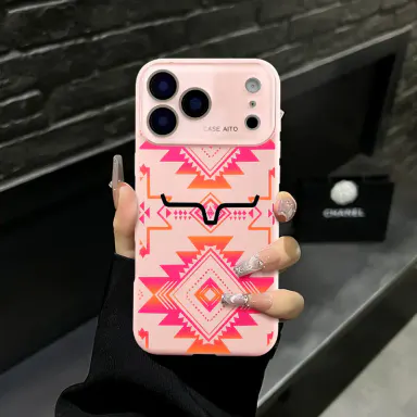 Western Bull Horn Aztec Geometric iPhone Case, Gradient Ethnic Tribal Print Design Phone Case for iPhone 17 Air 16 Pro Max 15 14 Plus 13 12, Shockproof Durable Protective Case