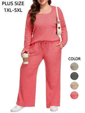 COOTRY Plus Size Curvy Women Matching 2‑Piece Outfit Set, Casual Stripe Print Long‑Sleeve Relaxed‑Fit Top & Below‑Ankle Pants, Machine Washable, Versatile For Fall Winter Everyday Occasions, 1XL‑6XL